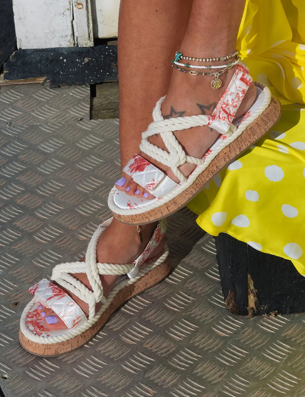 Miami Red Print Rope Flatform Lace Up Sandals sold by Public Desire