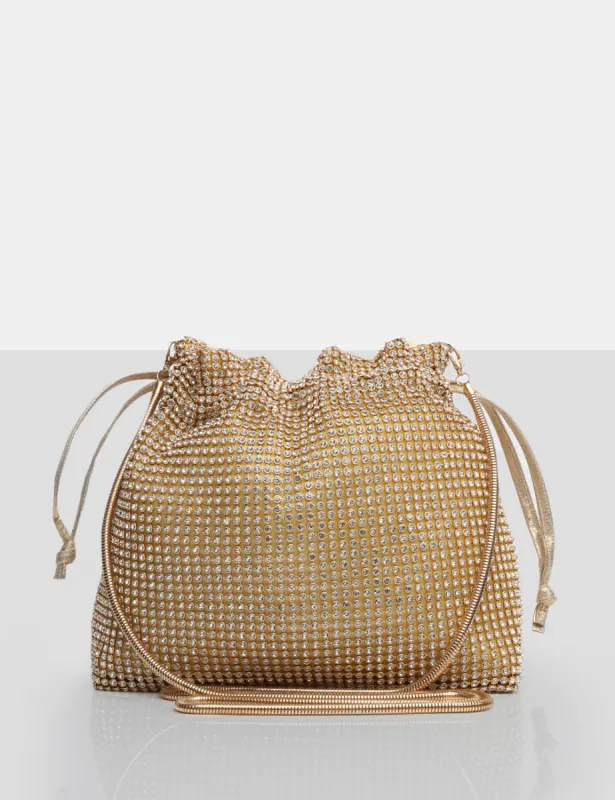 The Claudette Gold Diamante Draw String Crossbody Bag sold by Public Desire