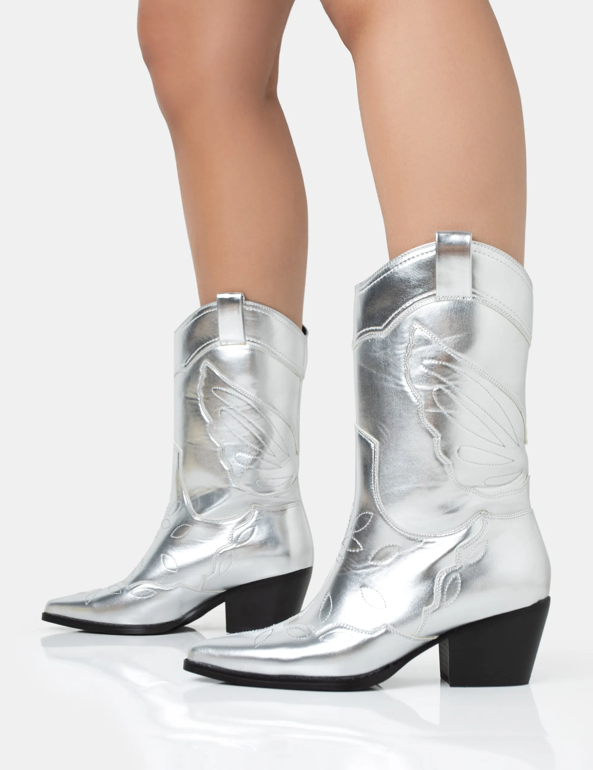 Howdy Silver Pu Pointed Toe Western Cowboy Block Ankle Boots sold by Public Desire product image thumbnail 3