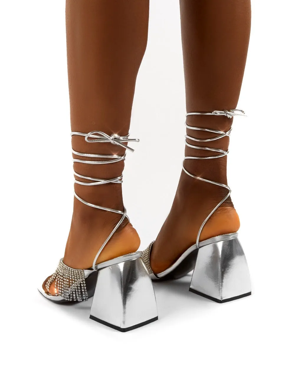 Peri Silver Lace Up Diamante Fringe Detail Toe Loop Chunky Heel sold by Public Desire product image thumbnail 2