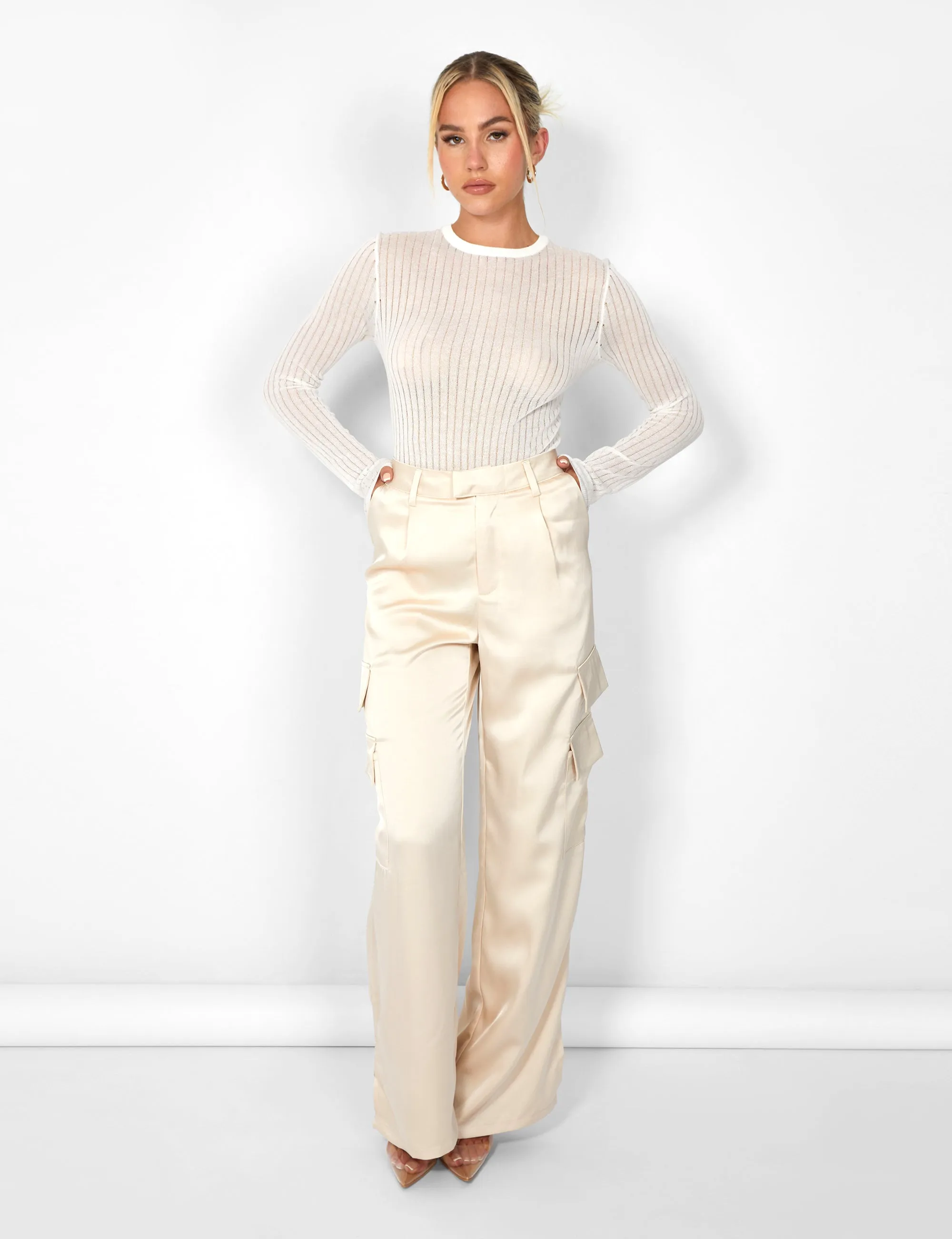 Kaiia Satin Wide Leg Cargos in Beige sold by Public Desire product image thumbnail 2