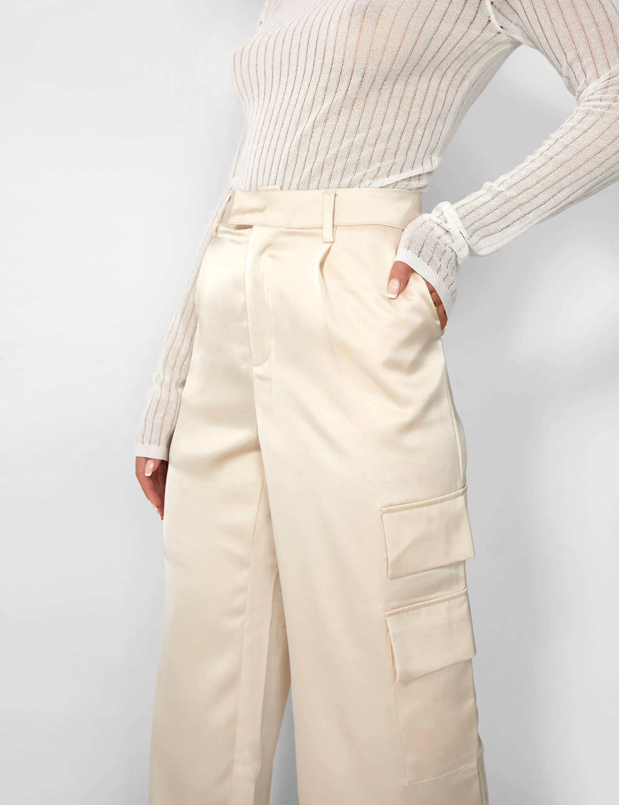 Kaiia Satin Wide Leg Cargos in Beige sold by Public Desire product image thumbnail 4