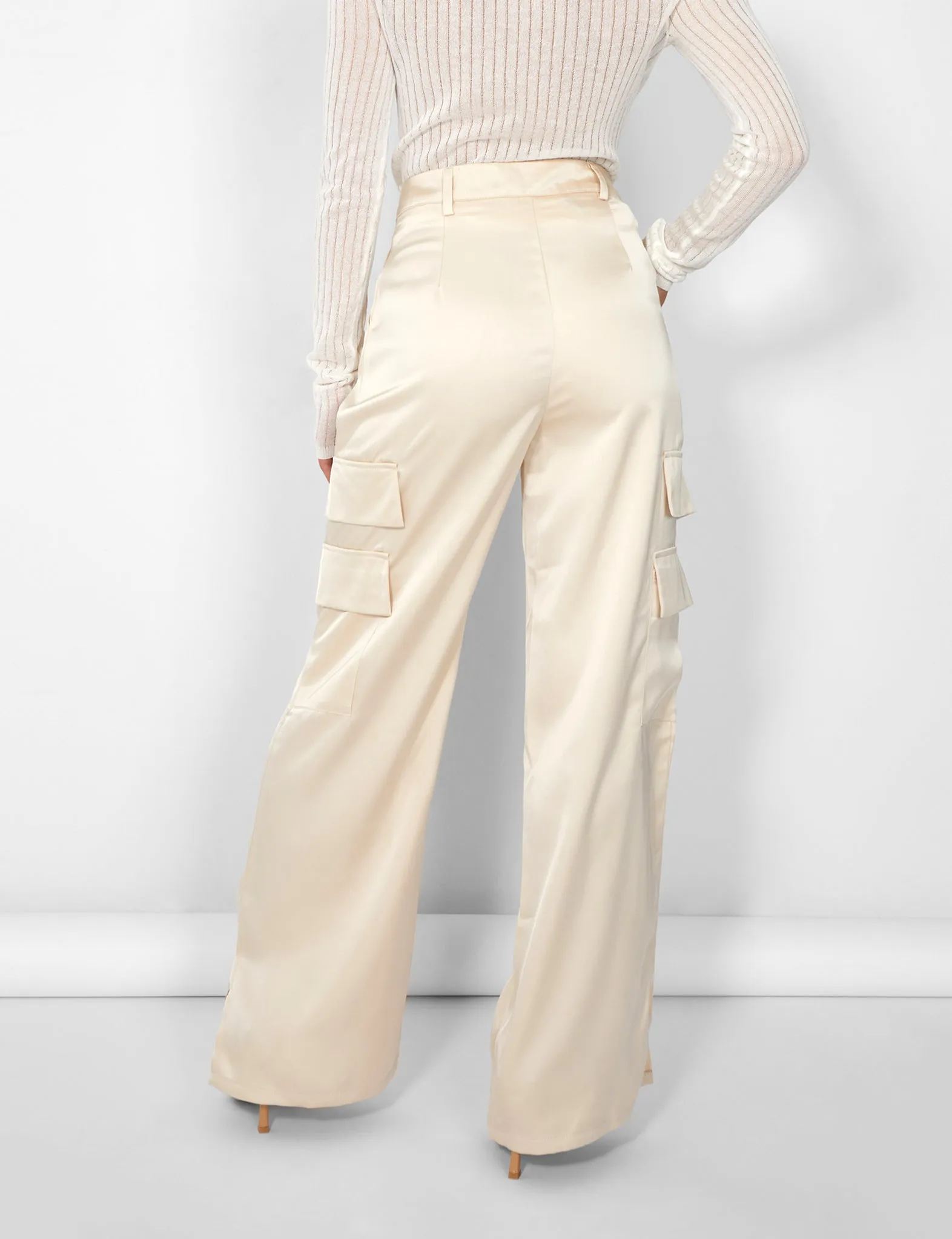 Kaiia Satin Wide Leg Cargos in Beige sold by Public Desire product image thumbnail 5