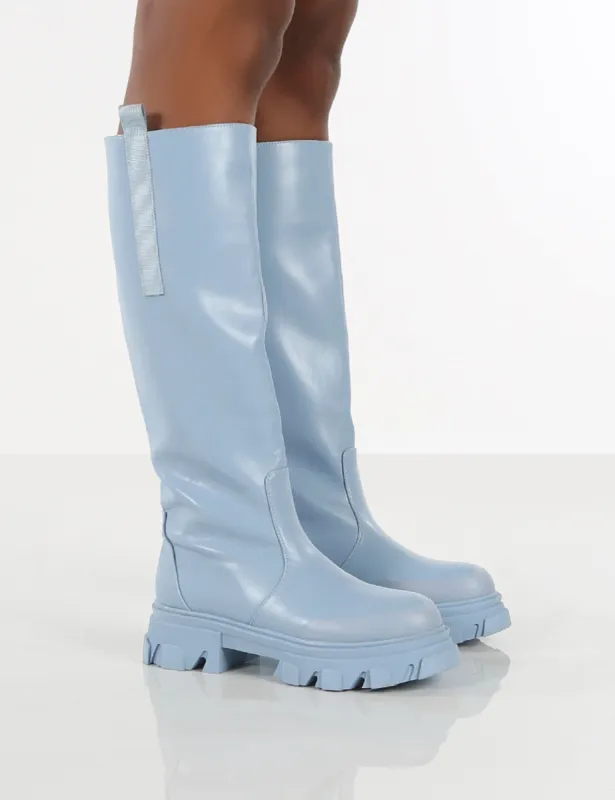 Amber x Public Desire Genius Blue PU Knee High Chunky Sole Boot sold by Public Desire