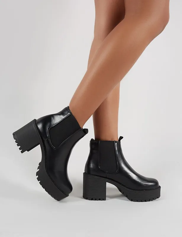 Melia Heeled Chlesea Boots in Black PU made by Public Desire