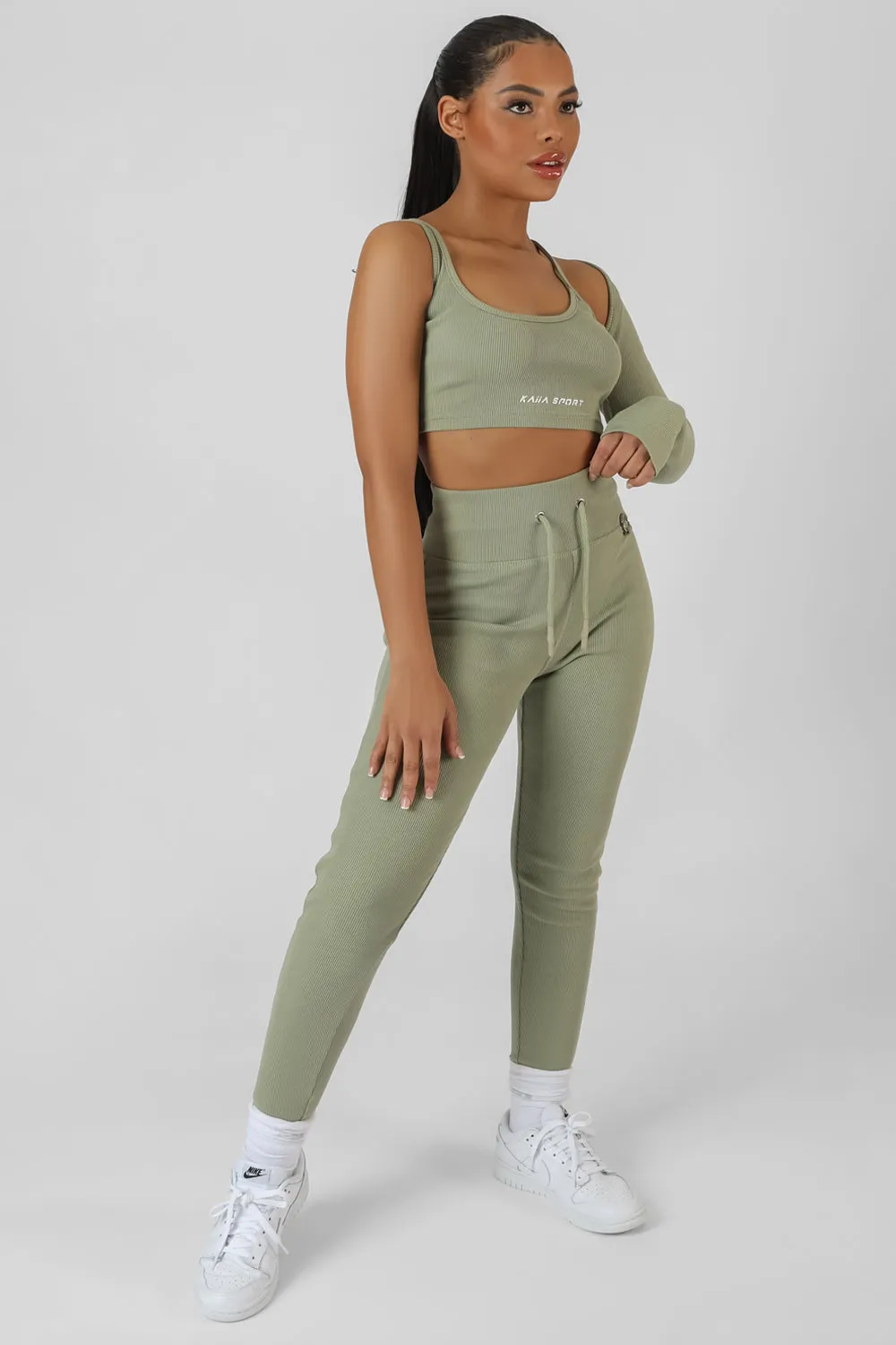 Asymmetric One Sleeve Kaiia Sport Crop Top Khaki sold by Public Desire