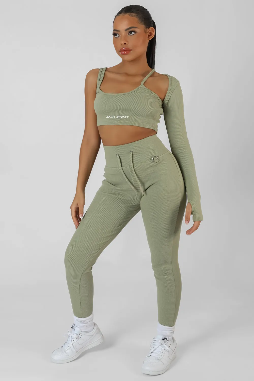 Asymmetric One Sleeve Kaiia Sport Crop Top Khaki sold by Public Desire product image thumbnail 4