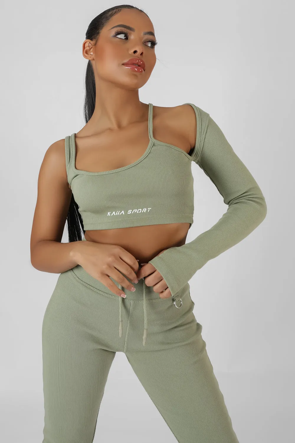 Asymmetric One Sleeve Kaiia Sport Crop Top Khaki sold by Public Desire product image thumbnail 2