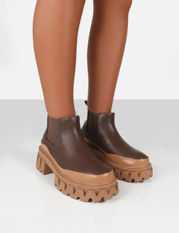 Kaya Chocolate Pu Chunky Sole Chelsea Boots sold by Public Desire