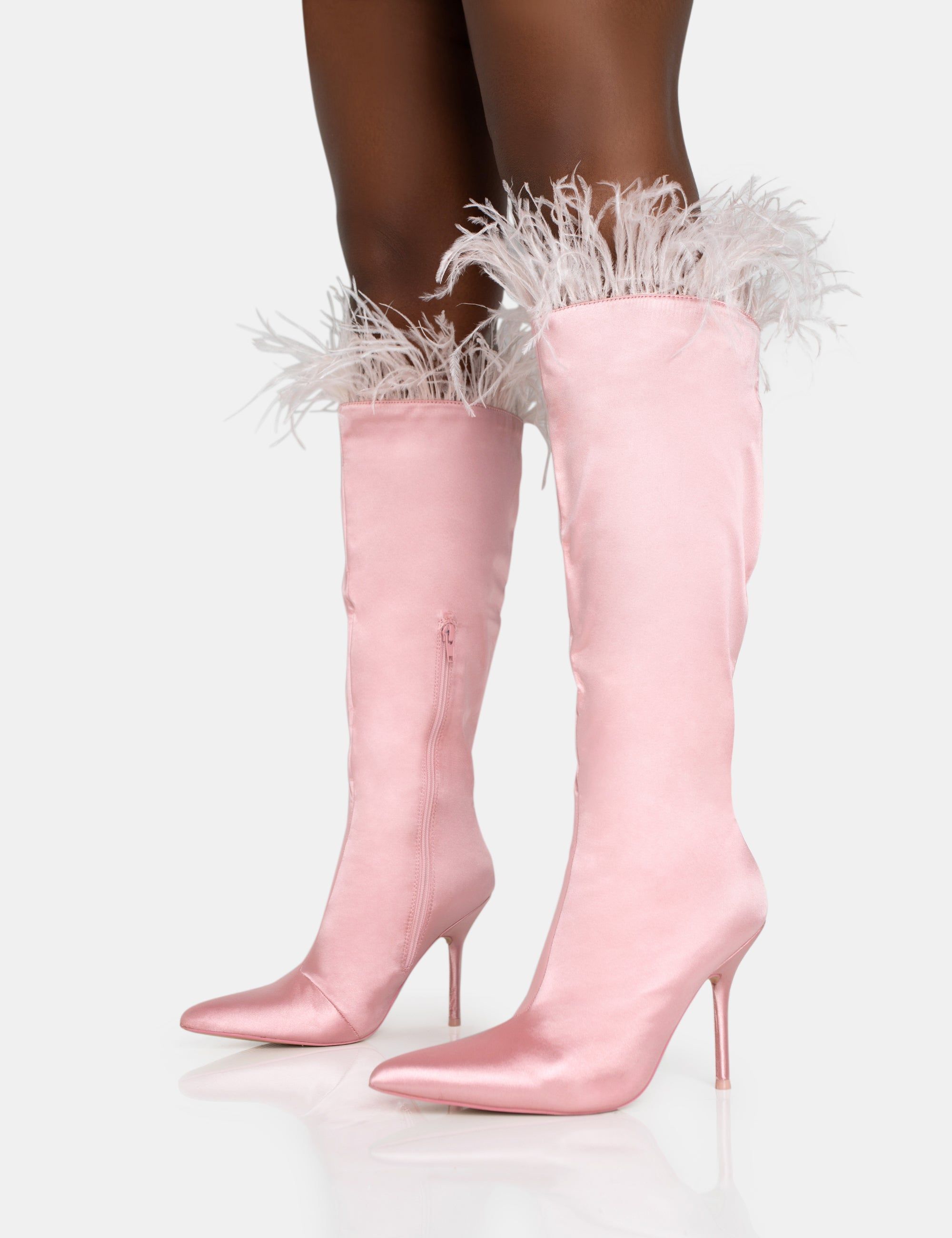 Baddie Baby Pink Satin Feather Pointed Toe Stiletto Knee High Boots sold by Public Desire product image thumbnail 3