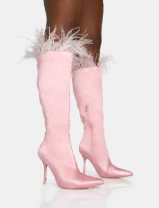 Baddie Baby Pink Satin Feather Pointed Toe Stiletto Knee High Boots sold by Public Desire