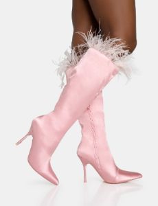 Baddie Baby Pink Satin Feather Pointed Toe Stiletto Knee High Boots sold by Public Desire