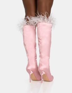 Baddie Baby Pink Satin Feather Pointed Toe Stiletto Knee High Boots sold by Public Desire