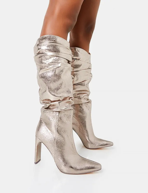 Manhattan Dark Metallic Silver Pointed Toe Knee High Narrow Block Heel Boots sold by Public Desire