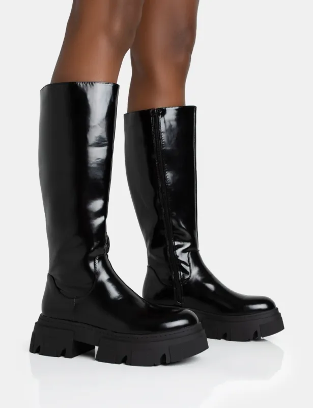 Scorpio Black Rubberised Pu Rounded Toe Chucky Sole Knee High Boots sold by Public Desire