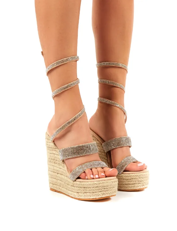 Lux Nude Wrap Around Diamante Wedged Heel sold by Public Desire