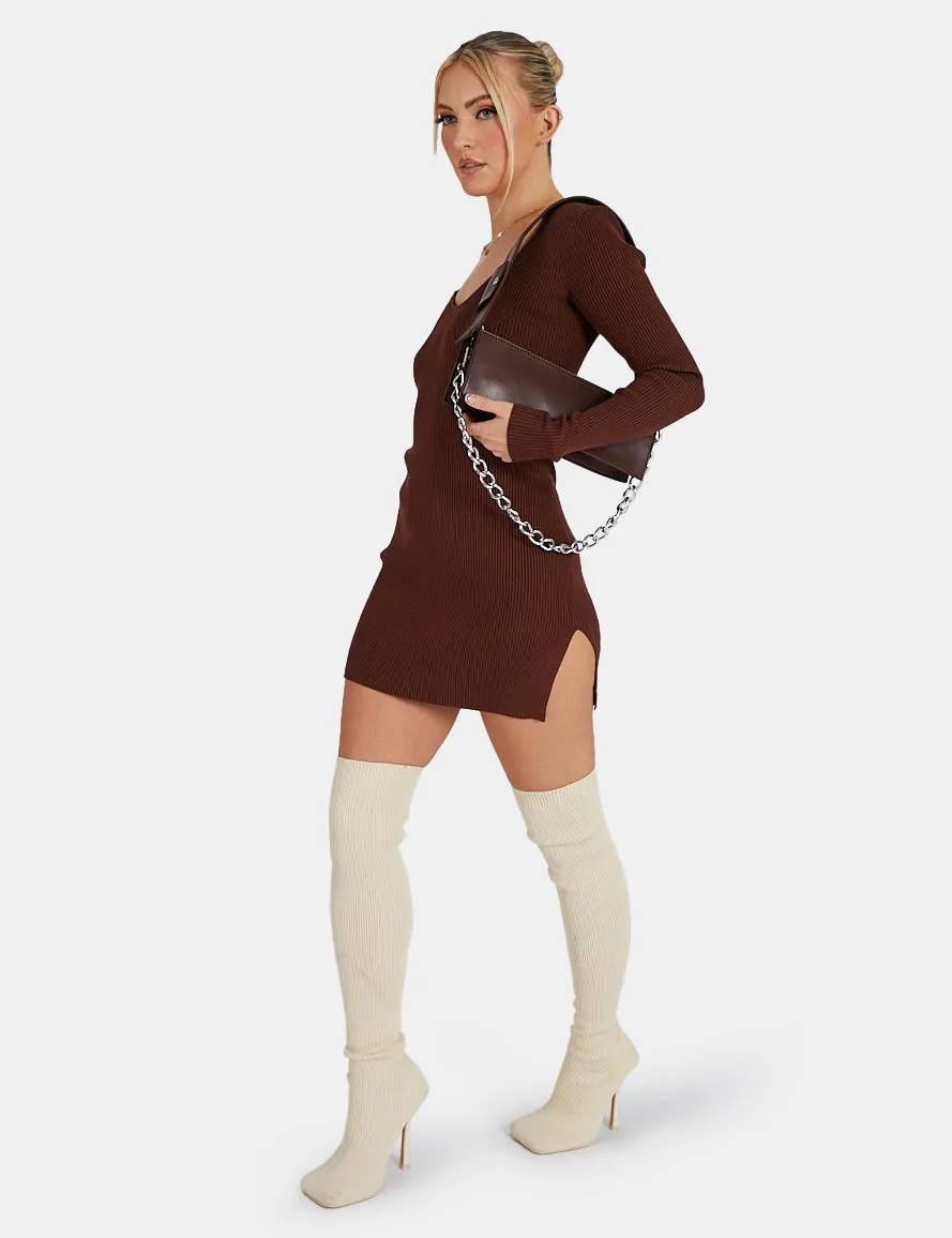 Knitted Off Shoulder Mini Dress Chocolate sold by Public Desire product image thumbnail 4
