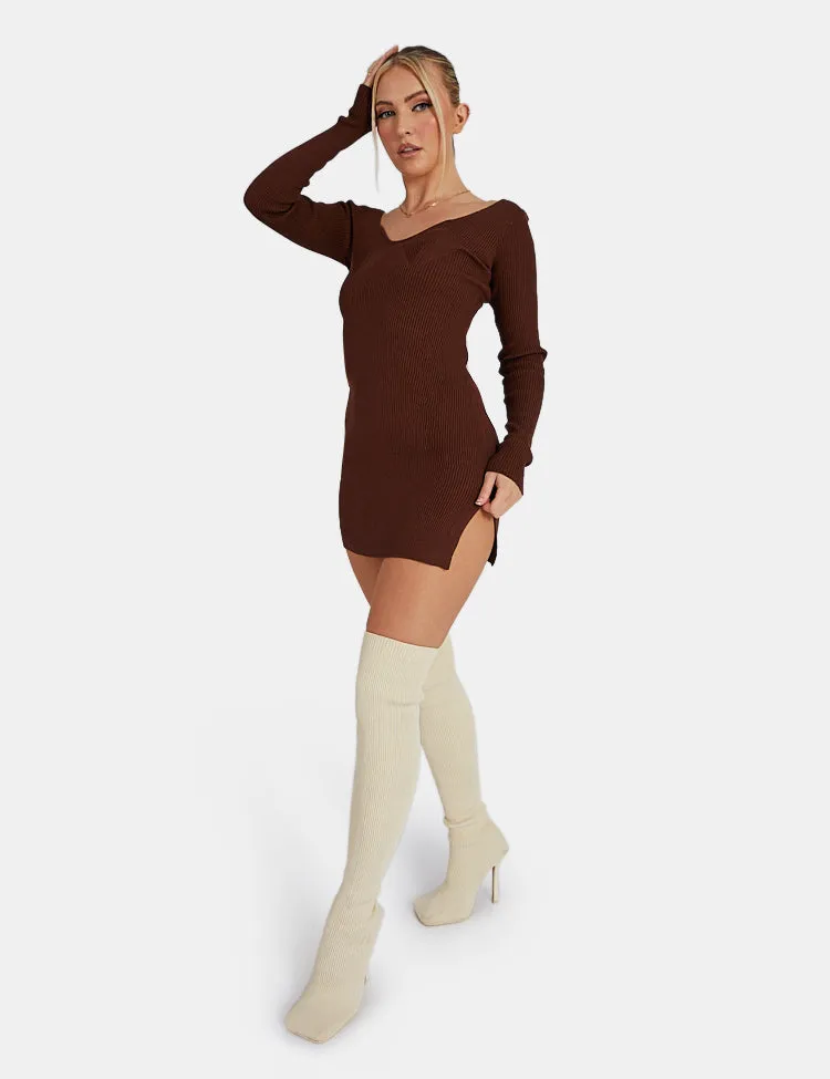 Knitted Off Shoulder Mini Dress Chocolate sold by Public Desire product image thumbnail 5