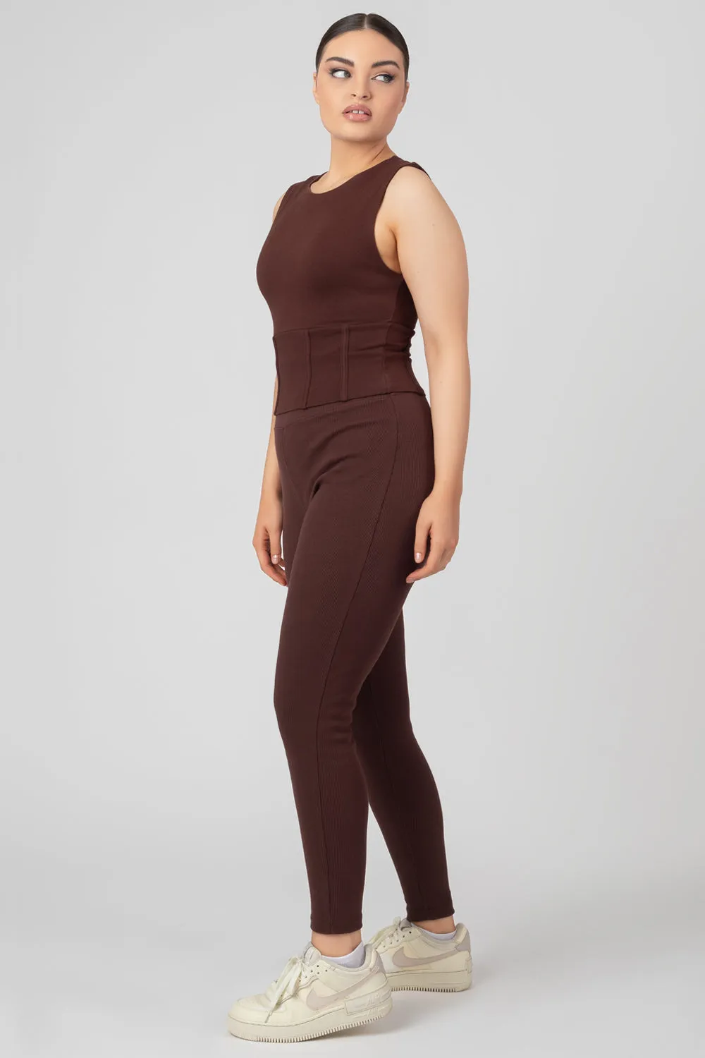 Thick Waistband Ribbed Leggings In Chocolate sold by Public Desire product image thumbnail 3