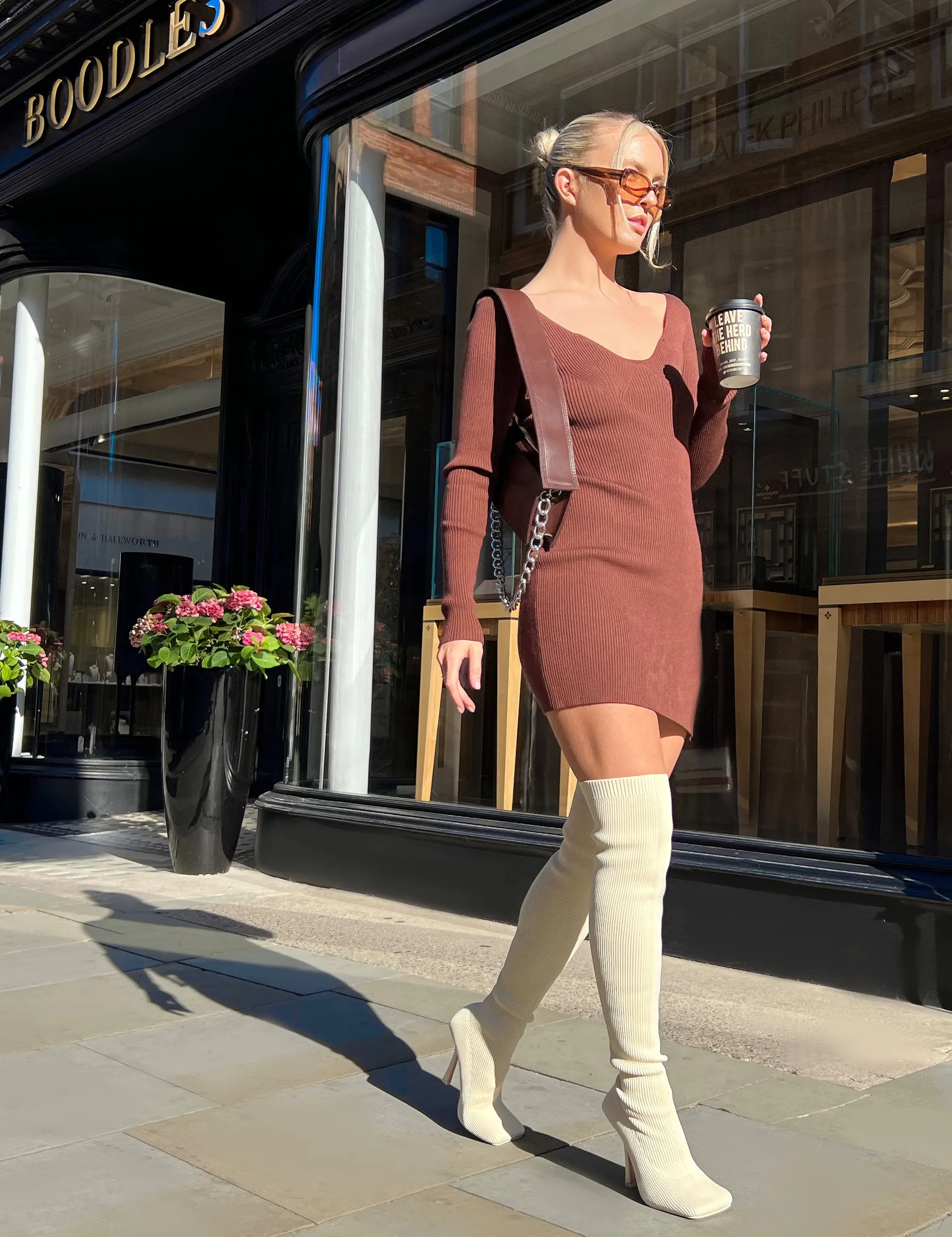 Knitted Off Shoulder Mini Dress Chocolate sold by Public Desire