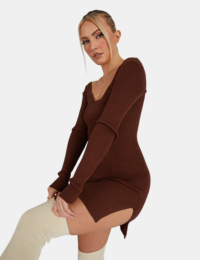 Knitted Off Shoulder Mini Dress Chocolate sold by Public Desire product image thumbnail 2