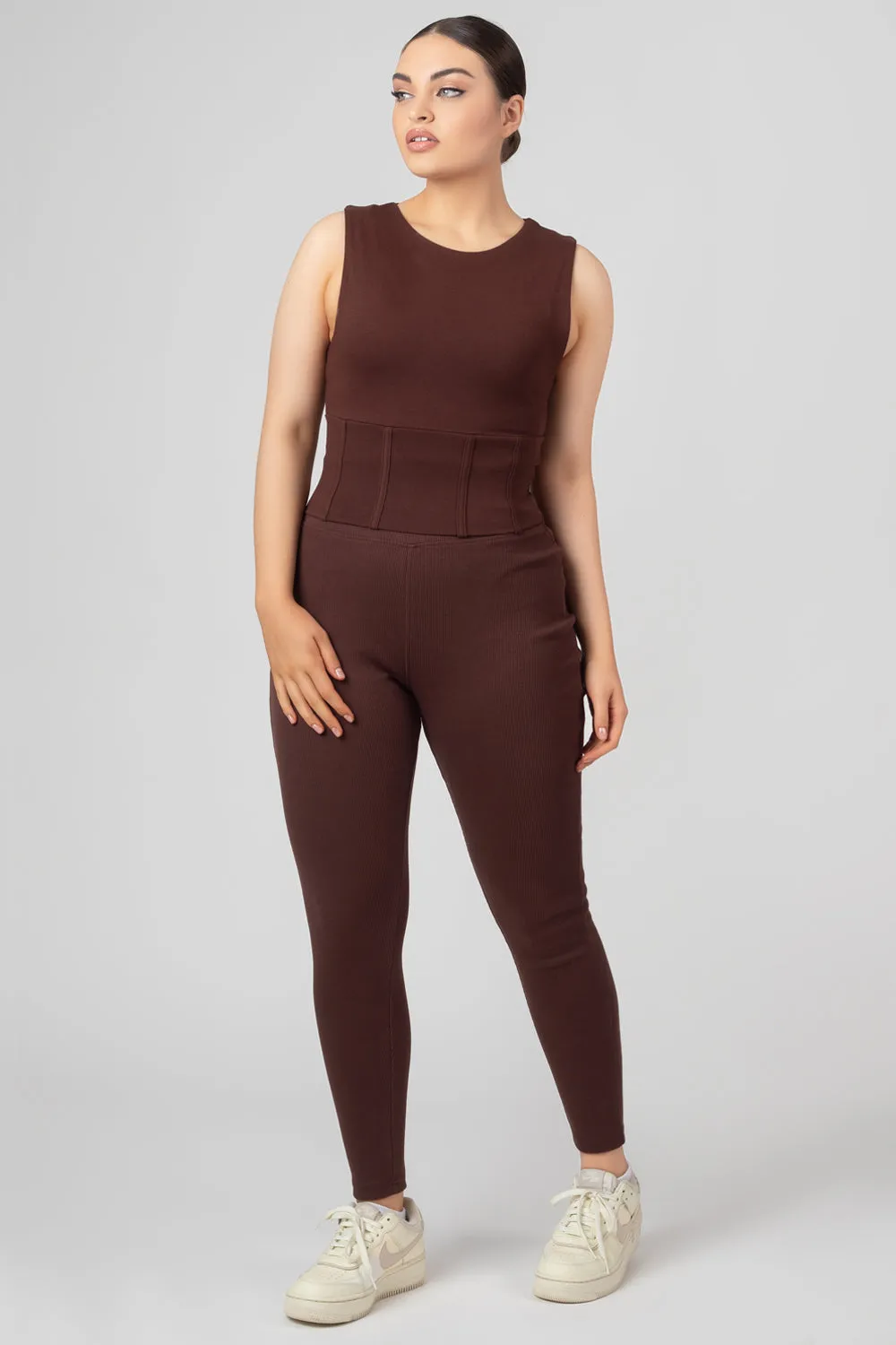 Thick Waistband Ribbed Leggings In Chocolate sold by Public Desire