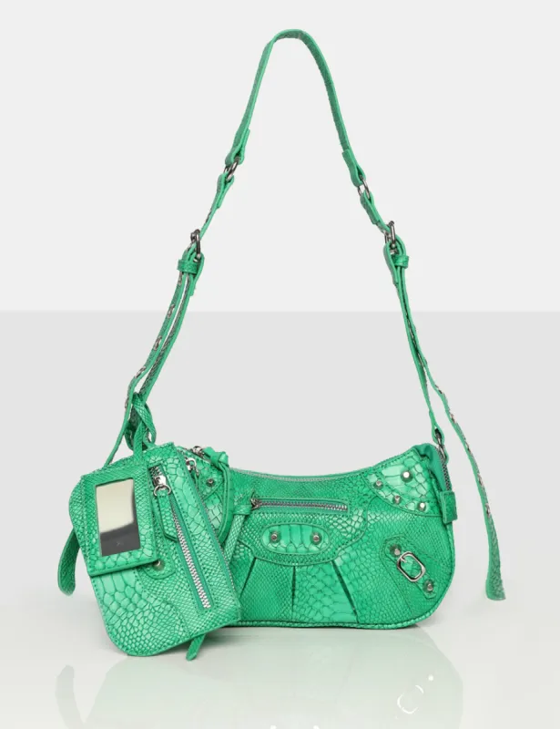 The Trackstar Green Croc Pu Studded Mirror Zip Detail Handbag sold by Public Desire