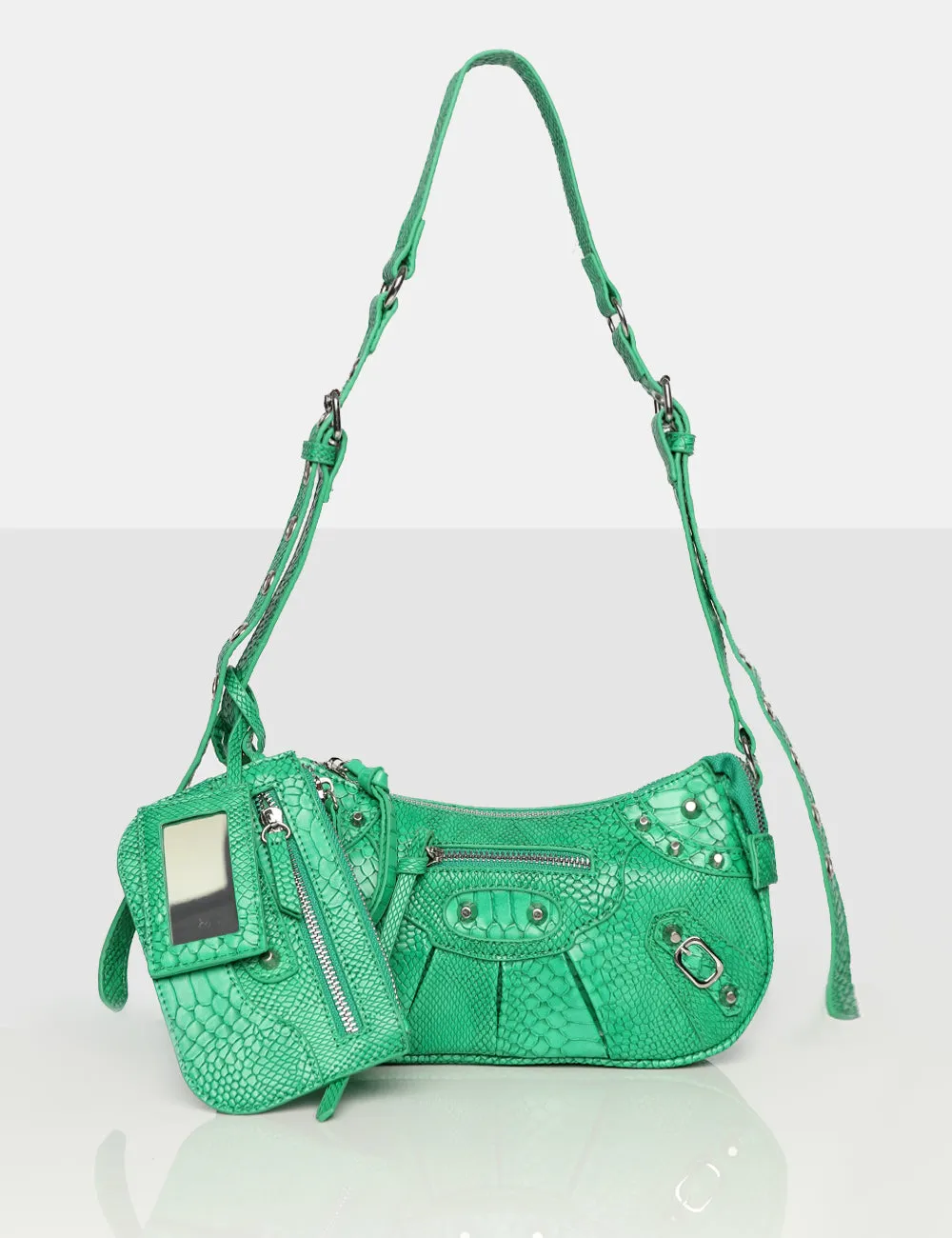 The Trackstar Green Croc Pu Studded Mirror Zip Detail Handbag sold by Public Desire
