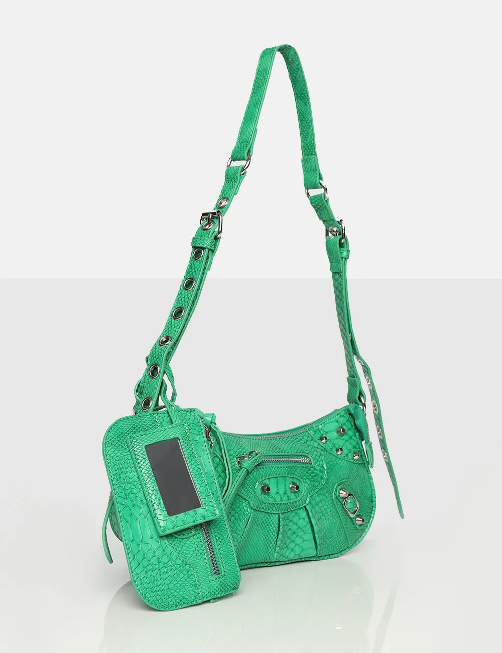 The Trackstar Green Croc Pu Studded Mirror Zip Detail Handbag sold by Public Desire product image thumbnail 2