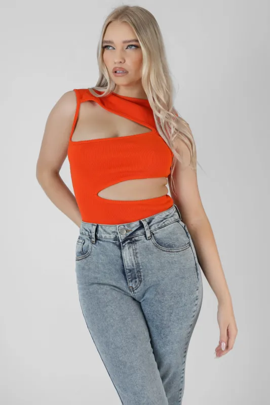 Asymmetric Cut Away Bodysuit Orange sold by Public Desire
