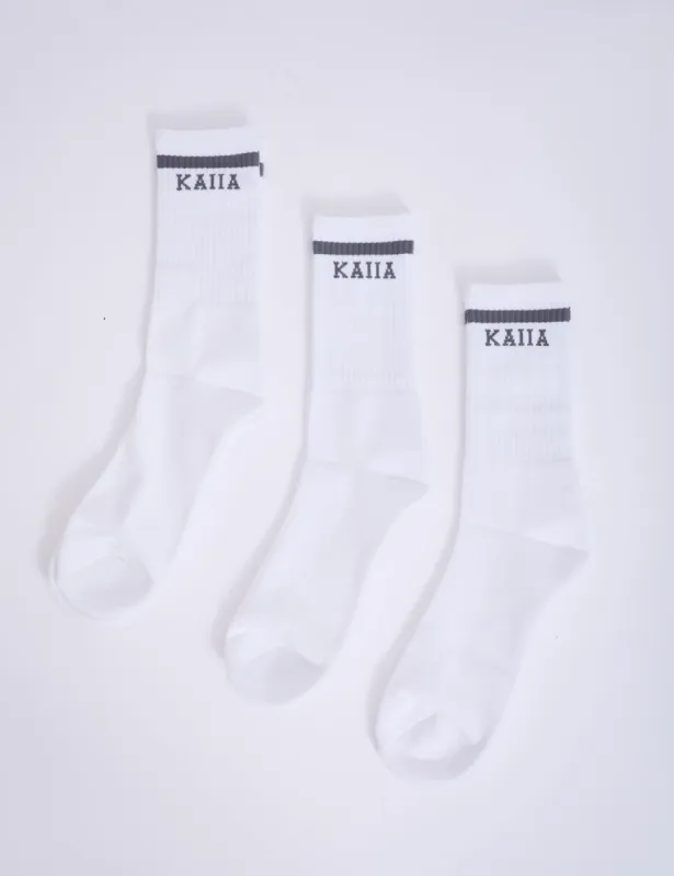 Pack of Three Kaiia Logo Sport Stripe Longline Socks White & Grey sold by Public Desire