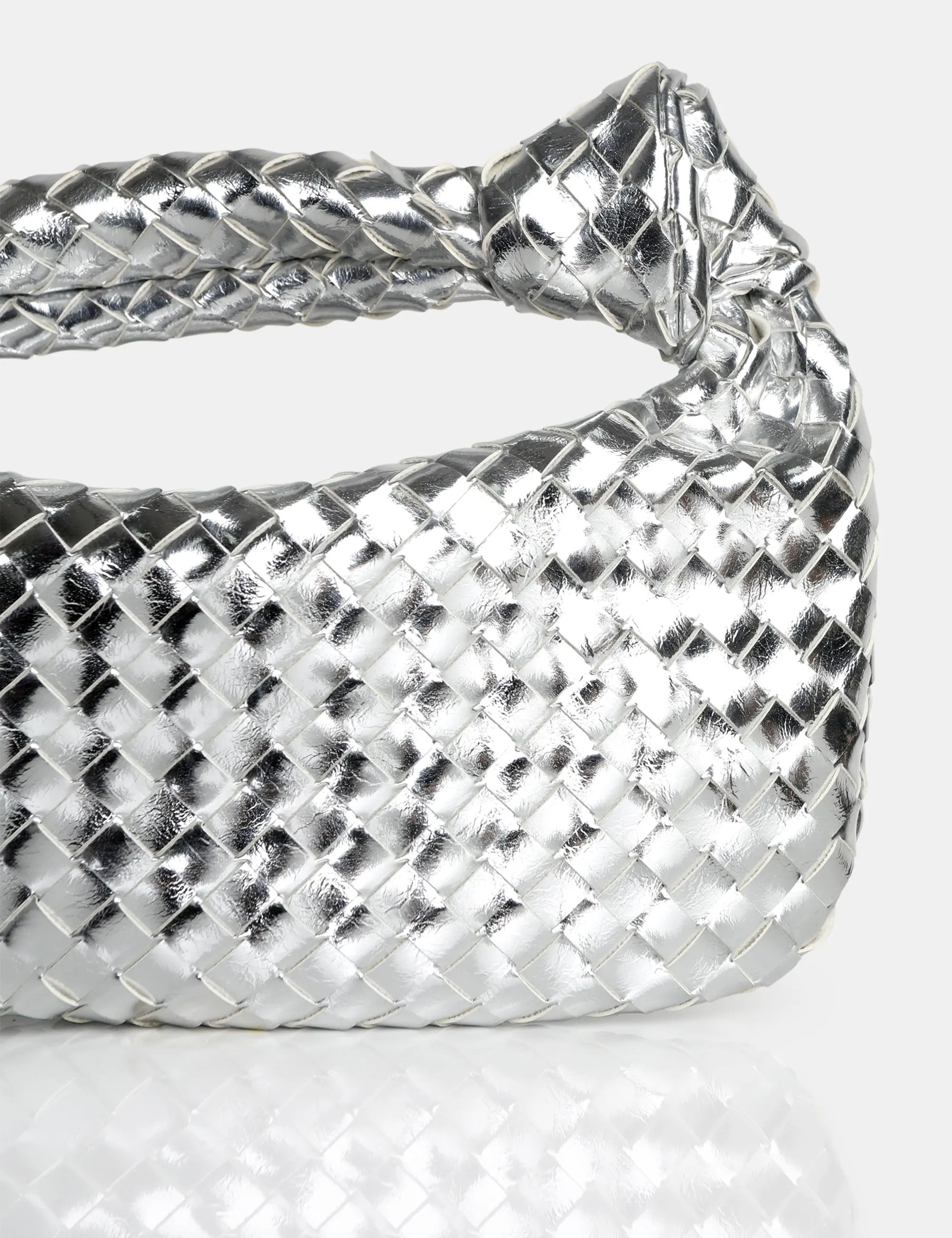 The Blame Metallic Silver Mirror Woven PU Knot Detail Mini Grab Bag sold by Public Desire product image thumbnail 3