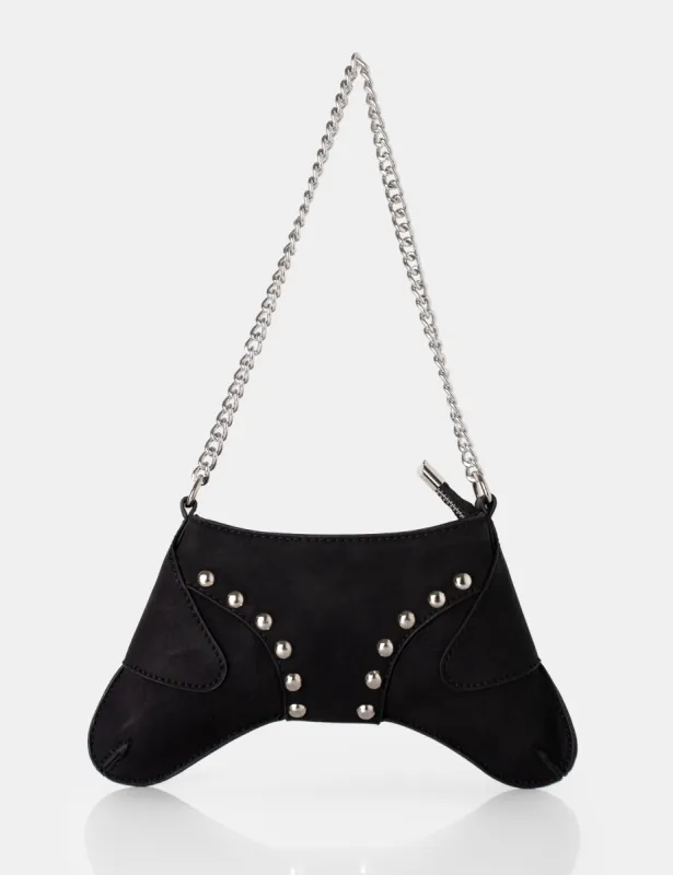 The Carmen Black Saddle Studded Chain Detail Shoulder Bag sold by Public Desire