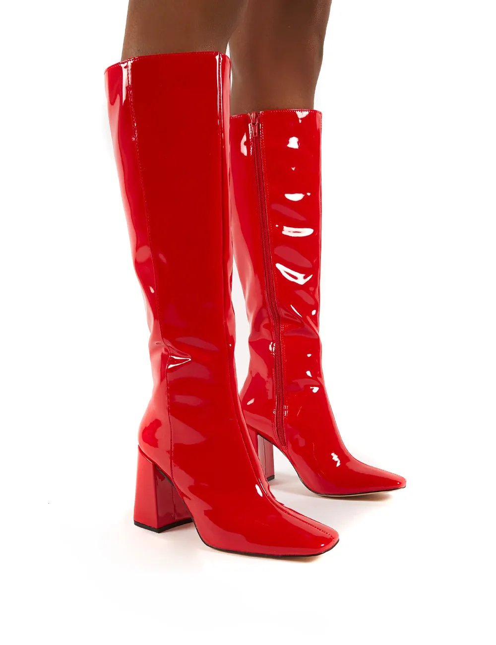 Apology Red Knee High Block Heel Boots sold by Public Desire