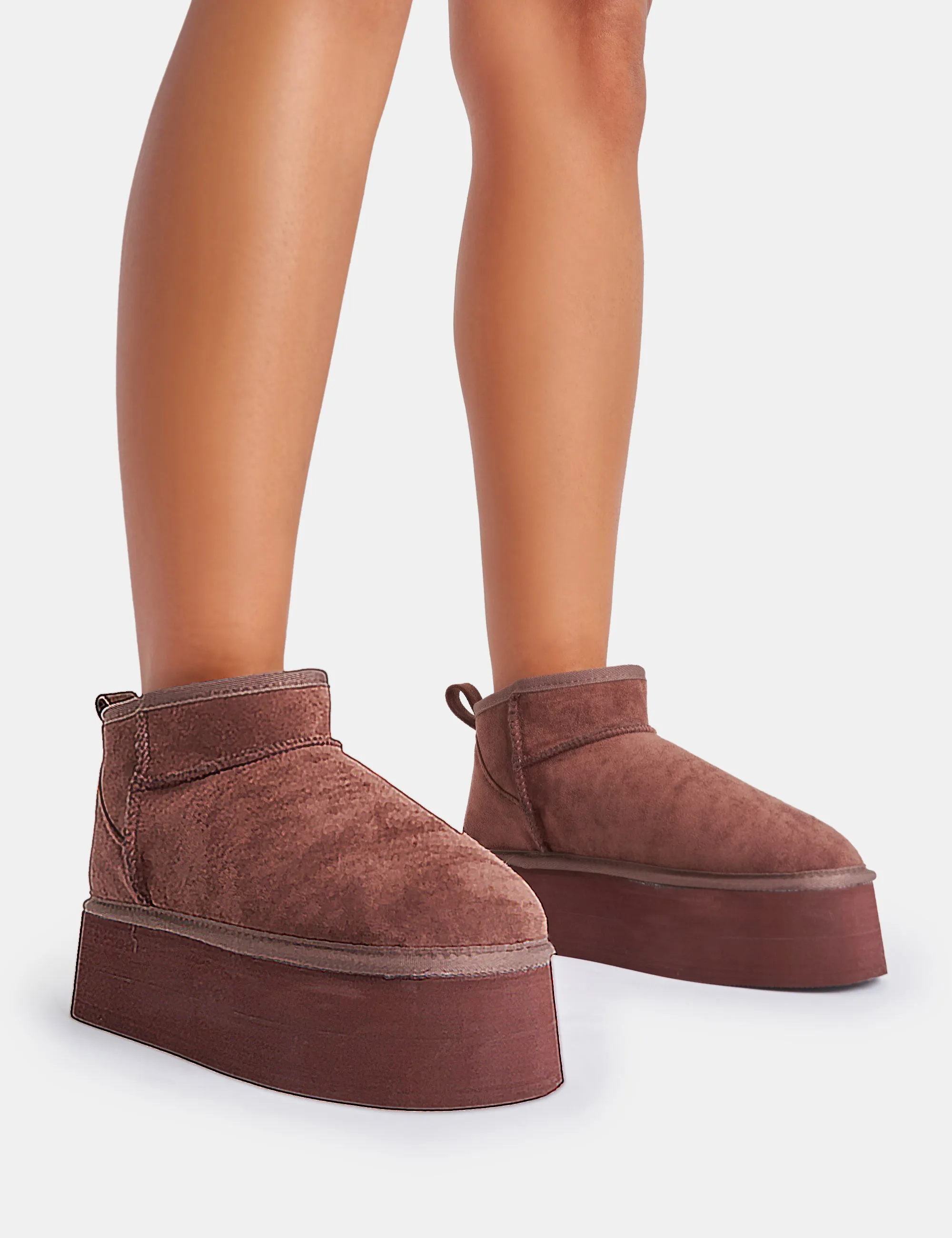 Willow Chocolate Faux Suede Ultra Mini Ankle Triple Platform Boots sold by Public Desire
