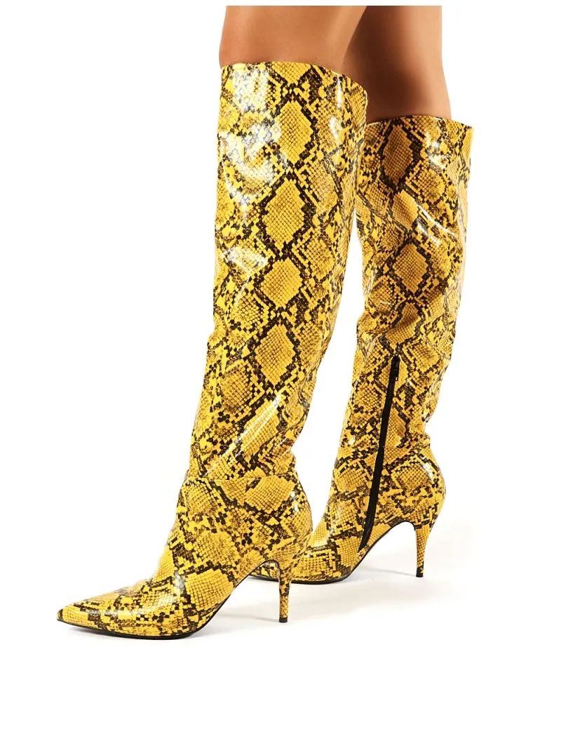Nicole Yellow Snakeskin Slouch Knee High Boots sold by Public Desire