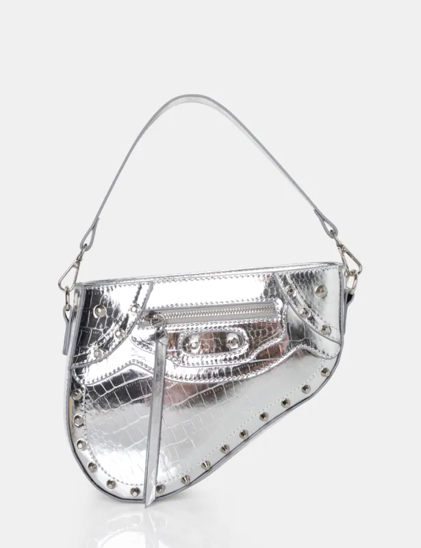 The Fox Metallic Silver Croc Studded Saddle Shoulder Bag sold by Public Desire