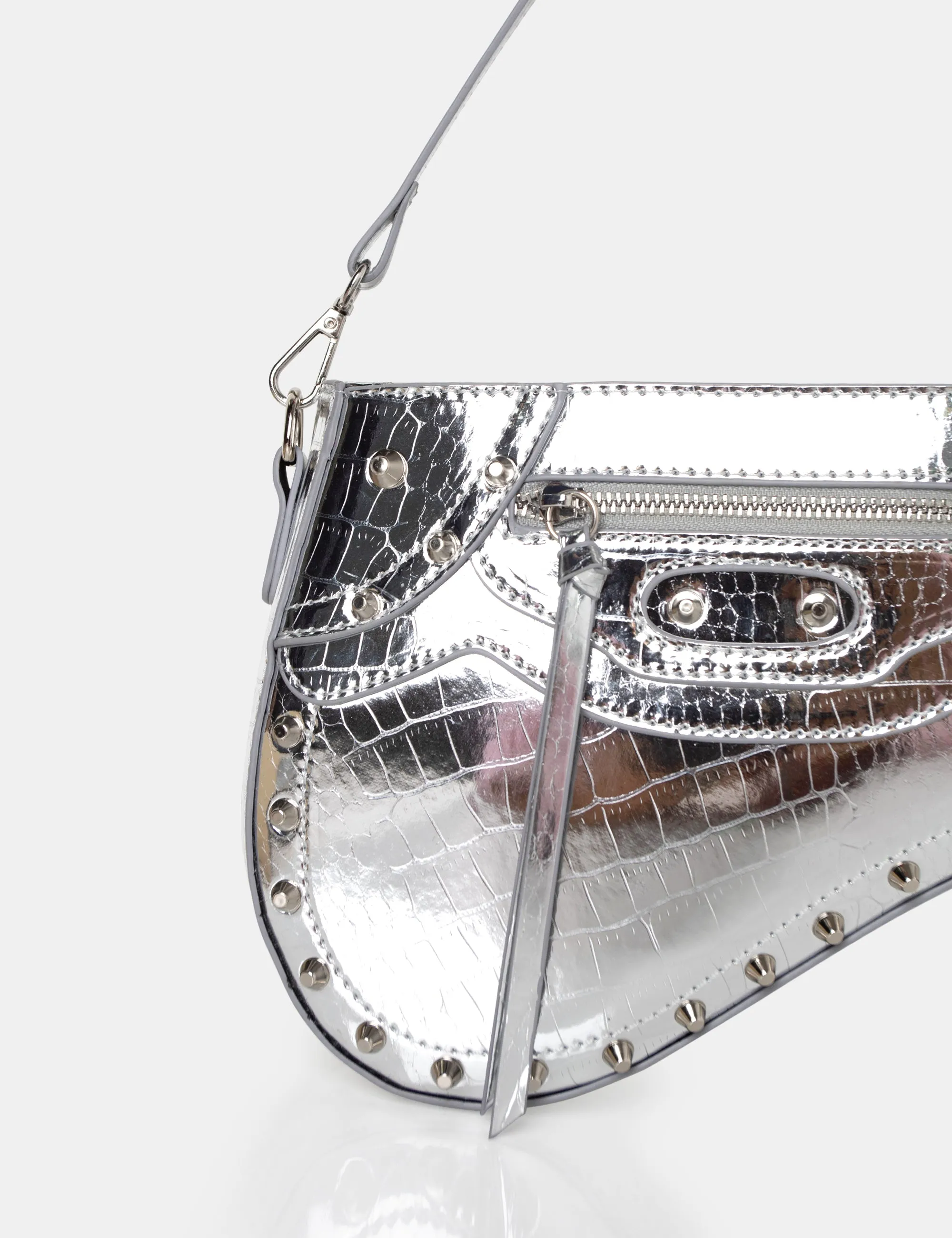 The Fox Metallic Silver Croc Studded Saddle Shoulder Bag sold by Public Desire product image thumbnail 3