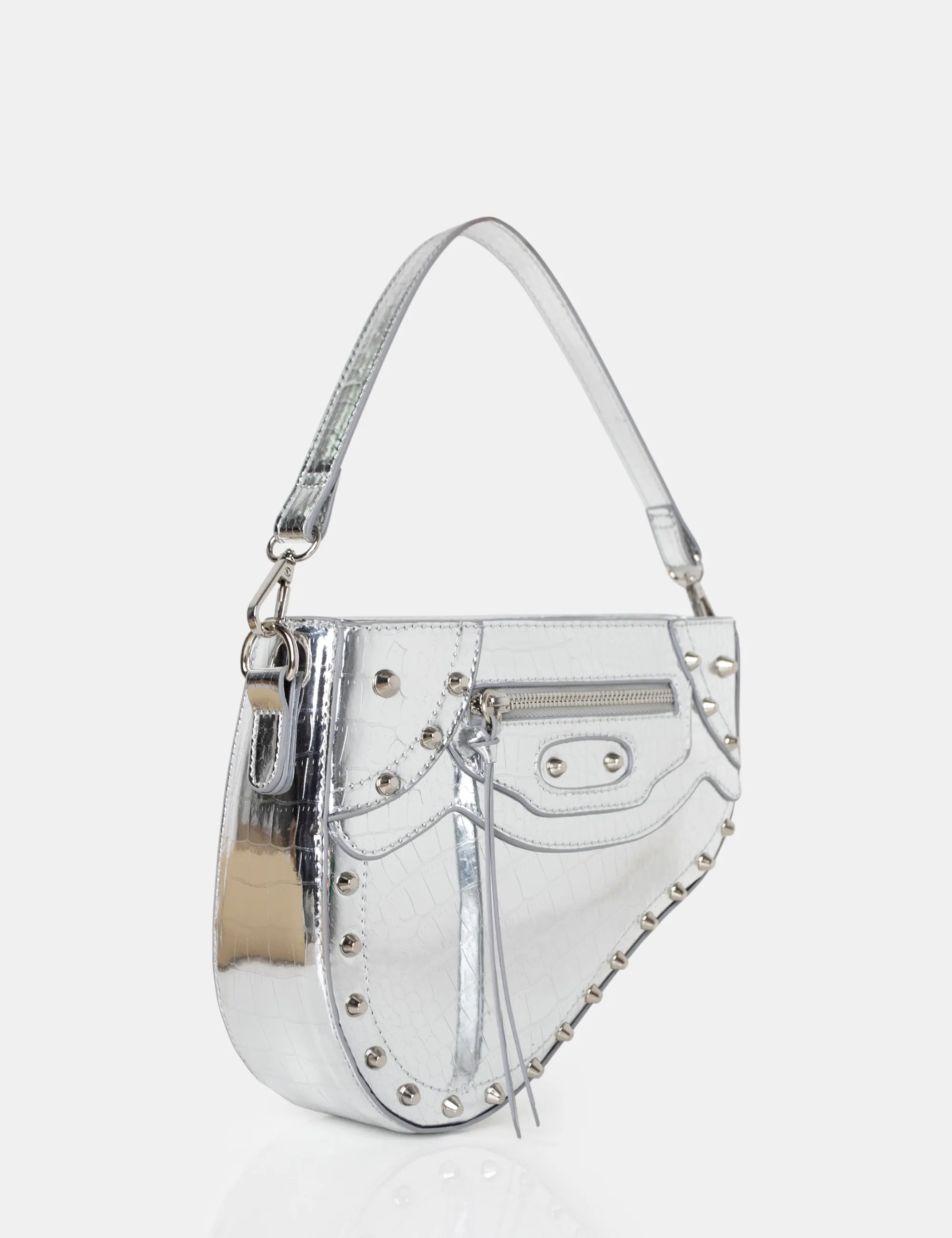 The Fox Metallic Silver Croc Studded Saddle Shoulder Bag sold by Public Desire product image thumbnail 2