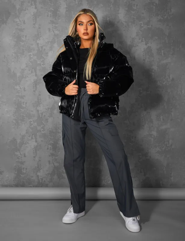 High Shine Holographic Oversized Puffer Black sold by Public Desire