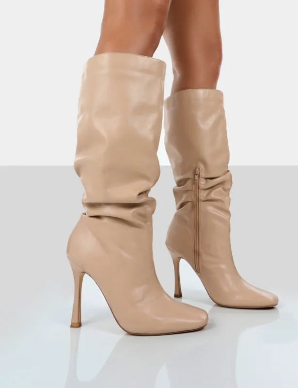 Iris Nude Pointed Toe Stiletto Knee High Boots sold by Public Desire