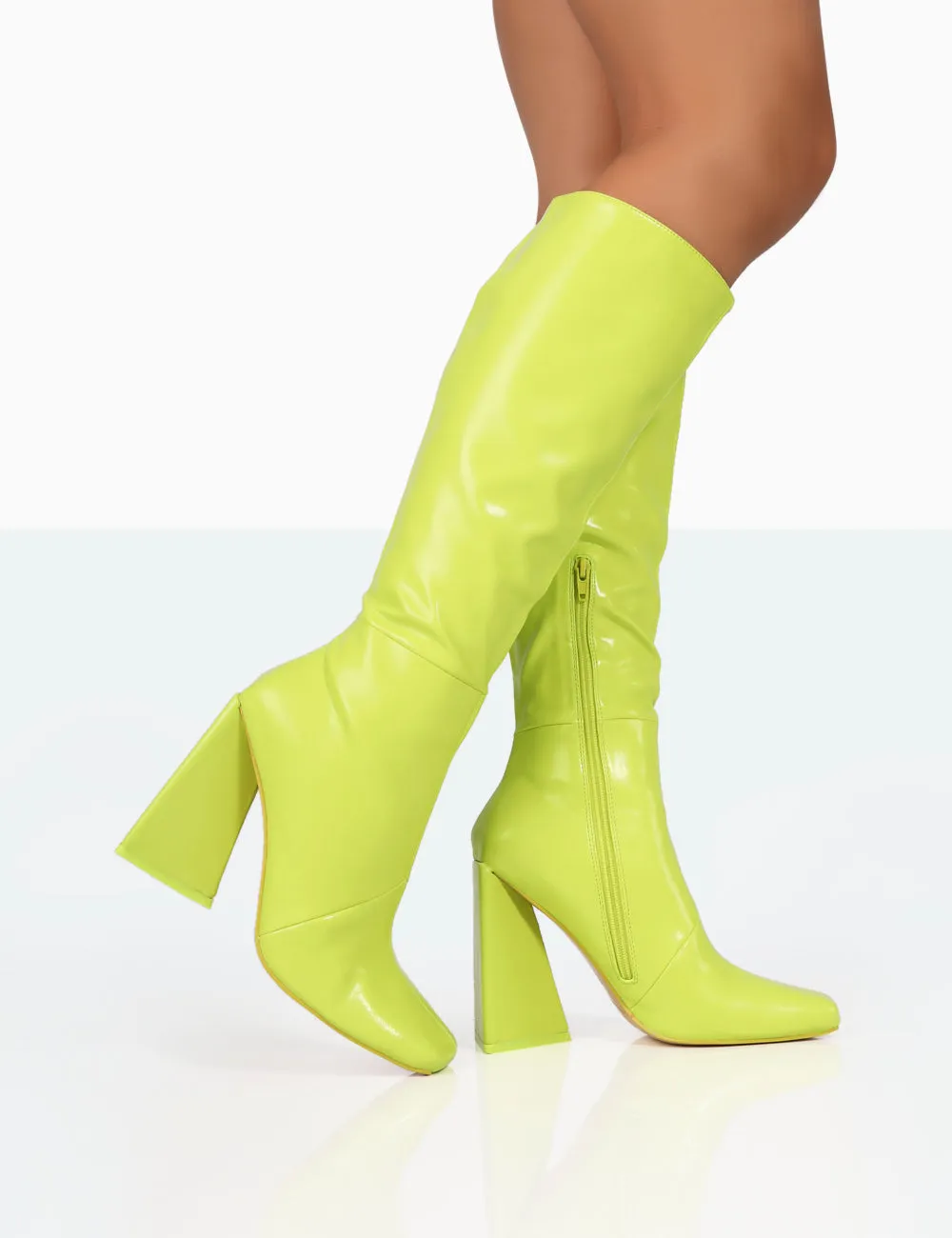 Senna Lime Pu Knee High Block Heel Boots sold by Public Desire