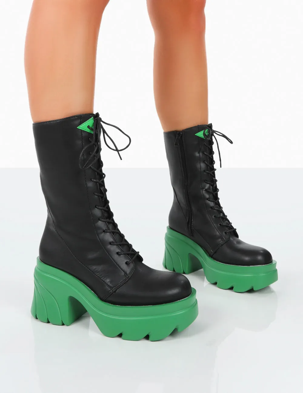 Ever Black Green Laced Platform Chunky Green Sole Ankle Boots sold by Public Desire