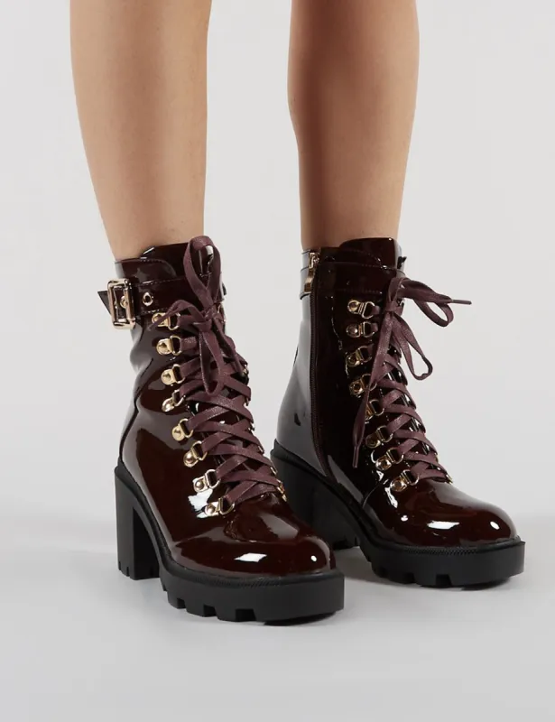 Swag Lace Up Ankle Boots in Burgundy Patent sold by Public Desire