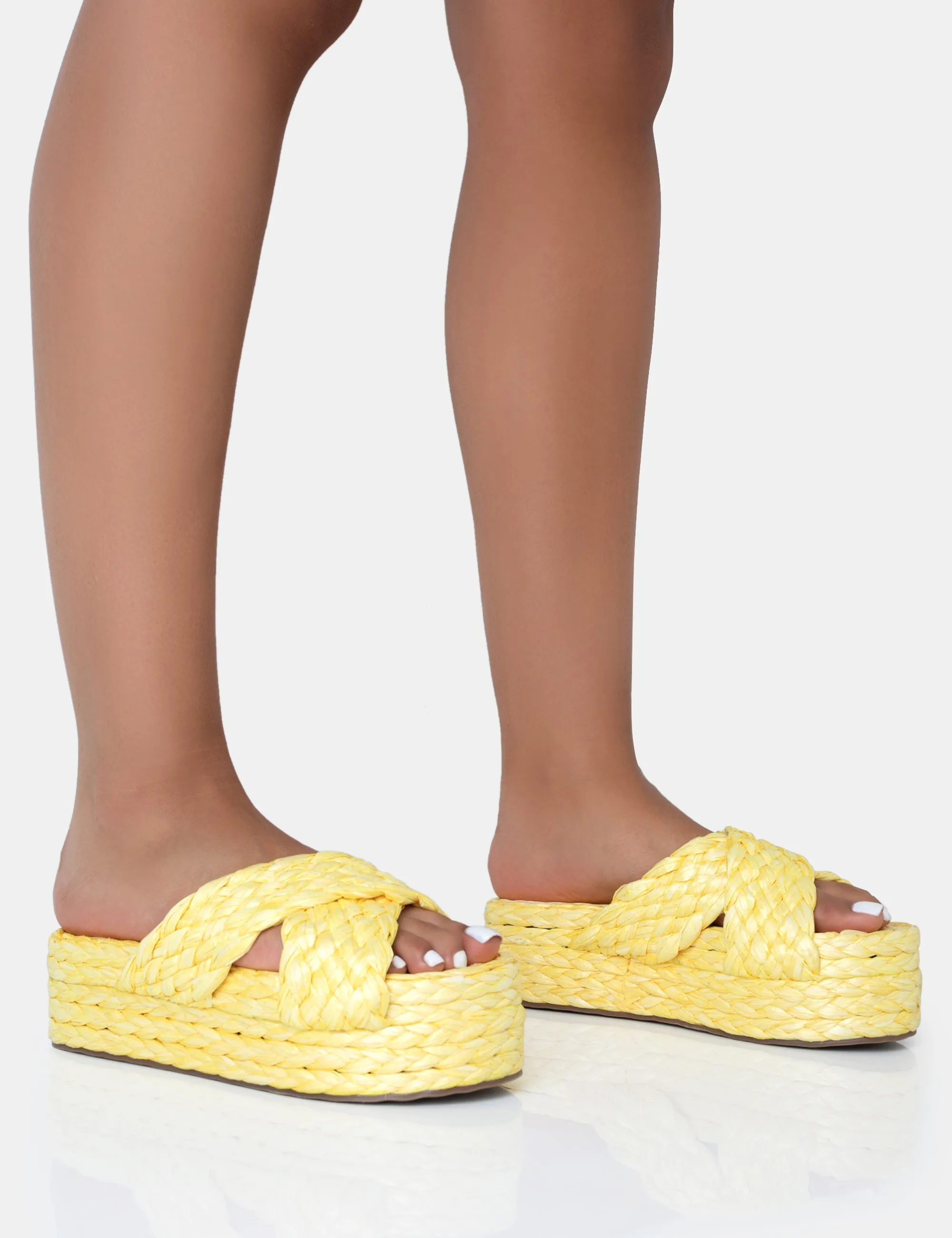Kos Yellow Raffia Cross Over Strap Slip On Flatform Sandals sold by Public Desire