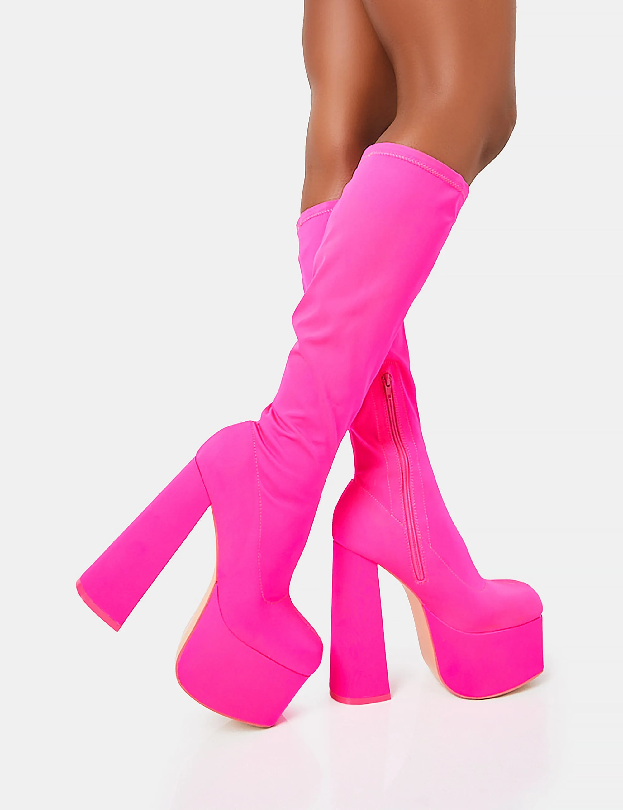Polished Hot Pink Nylon Platform Rounded Block Heeled Knee High Boots sold by Public Desire product image thumbnail 2