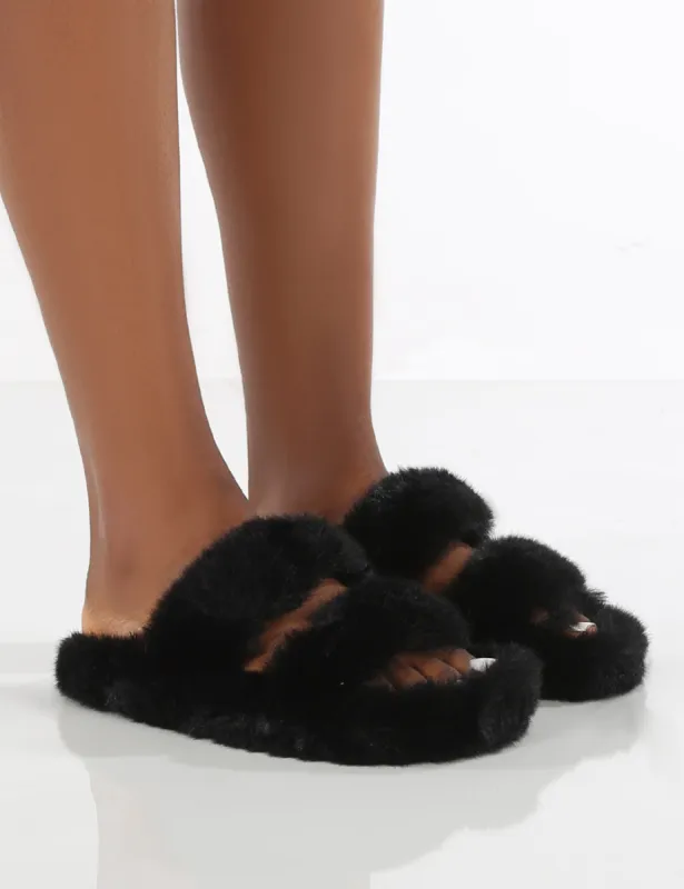 Bunny Black Double Strap Fluffy Slippers sold by Public Desire