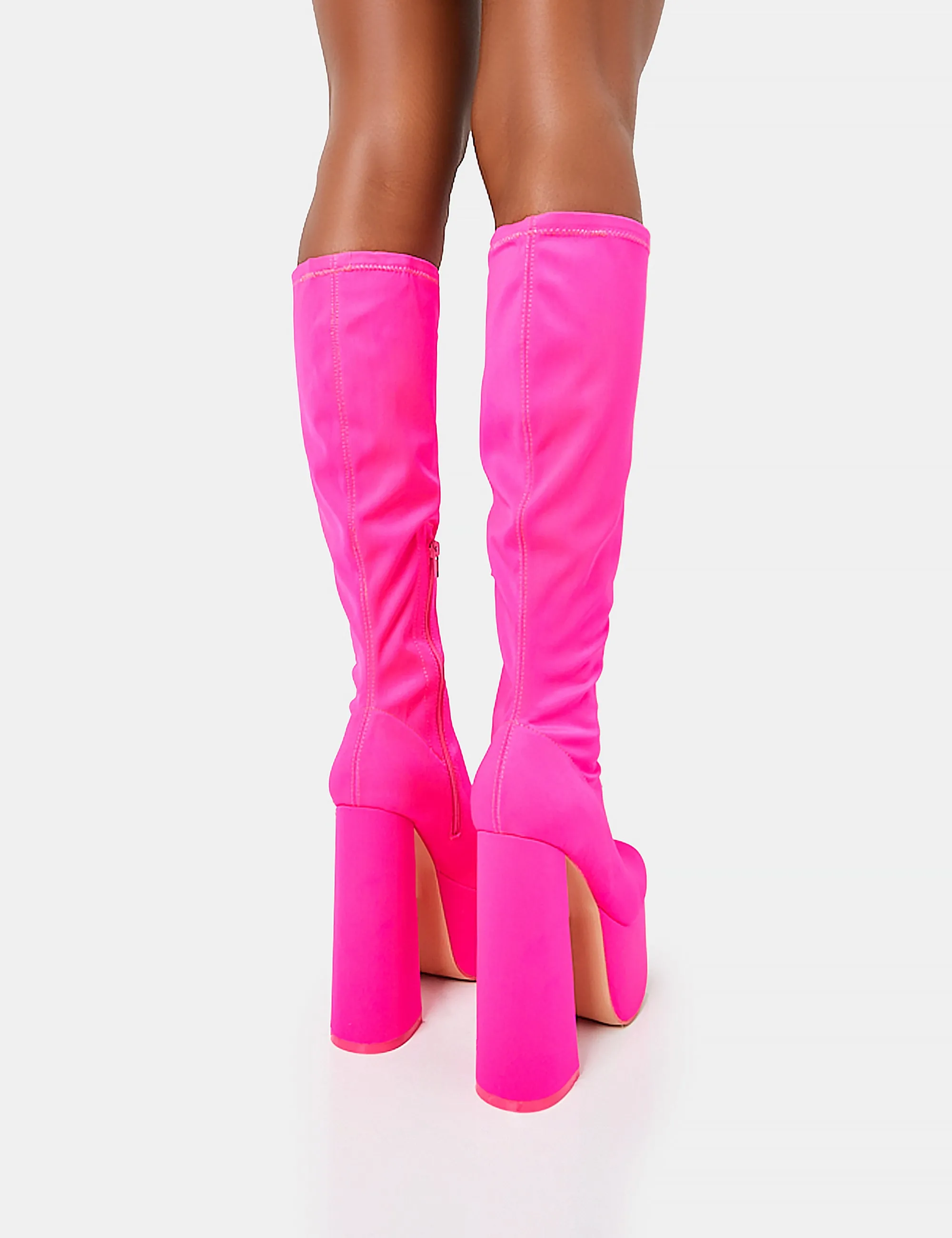 Polished Hot Pink Nylon Platform Rounded Block Heeled Knee High Boots sold by Public Desire product image thumbnail 4