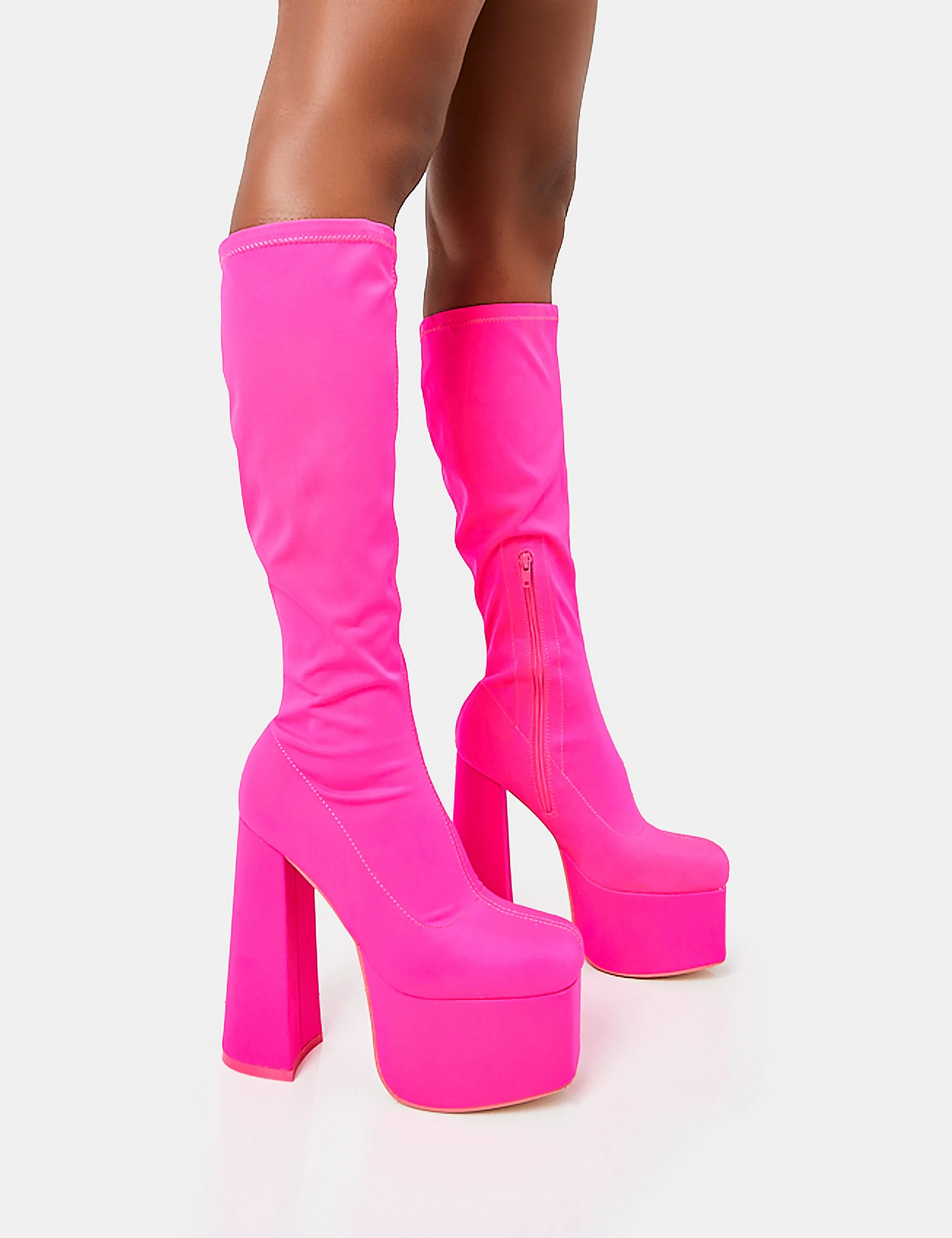 Polished Hot Pink Nylon Platform Rounded Block Heeled Knee High Boots sold by Public Desire