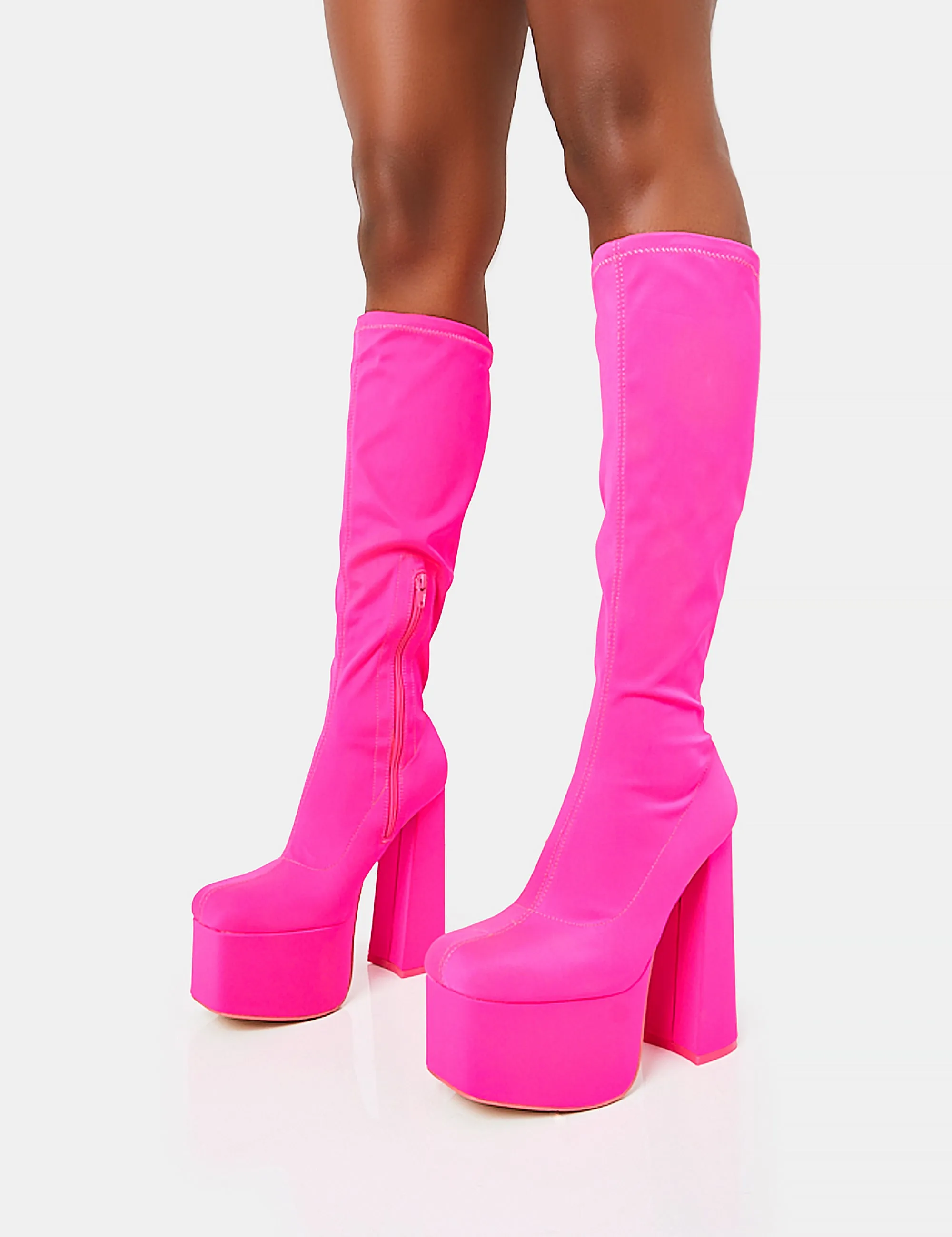 Polished Hot Pink Nylon Platform Rounded Block Heeled Knee High Boots sold by Public Desire product image thumbnail 3